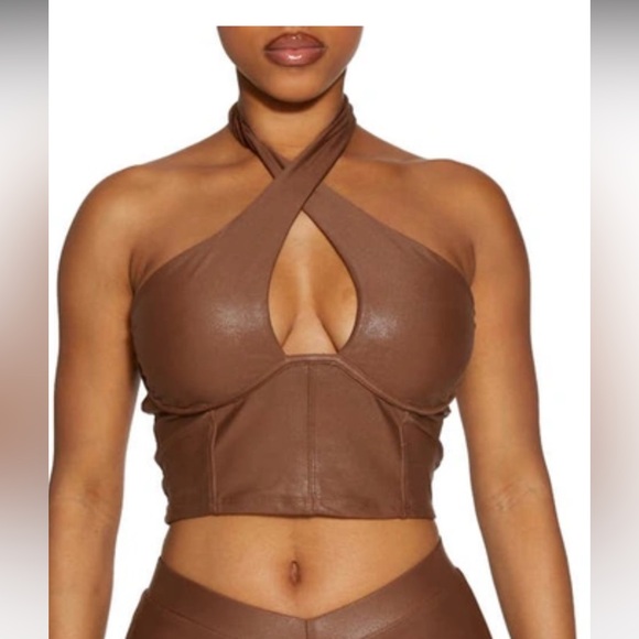 naked wardrobe Tops - Naked wardrobe Halter Crop Top Drip Crossover 🤎